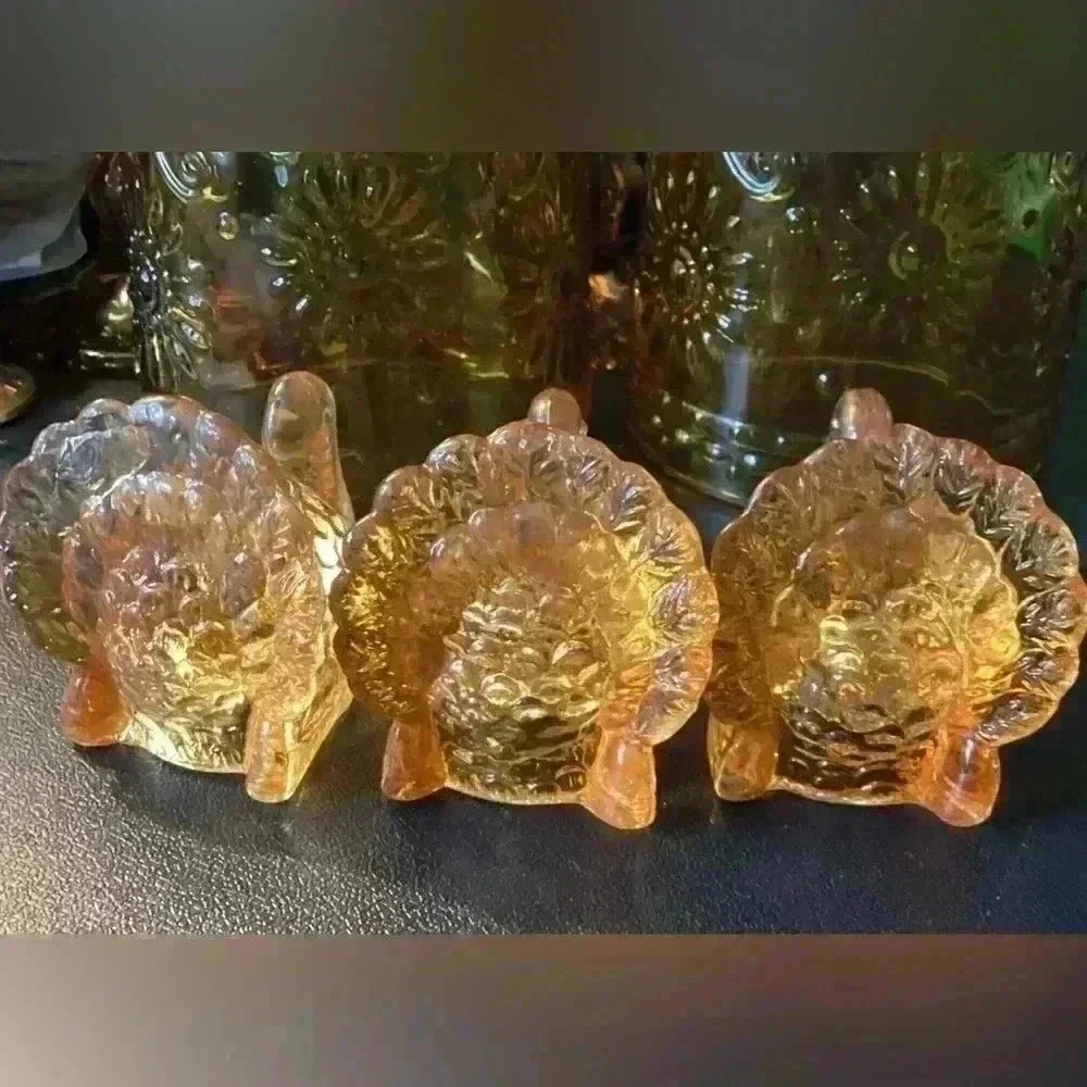 williams sonoma SET OF 3 AMBER GLASS TURKEY small taper holders 2